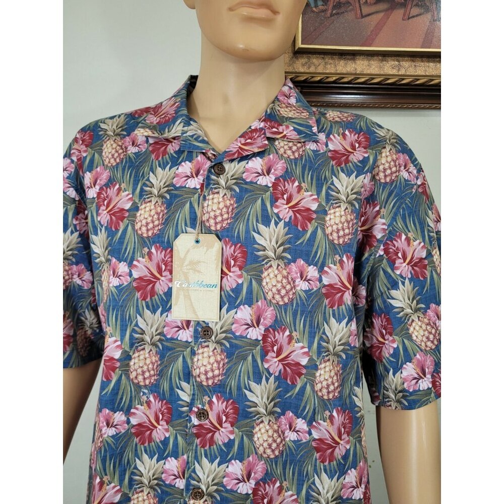 Caribbean Mens Shirt Size XL Floral Pineapple Button Up short sleeve 37